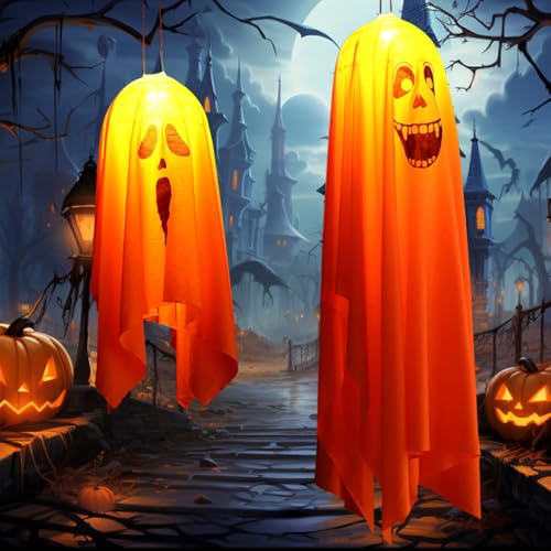 DAJASD Halloween Deko Geist, 2 Stück Halloween Hängende Geister, Halloween Aufhängen Geister mit Led, Halloween Geist, Geist Outdoor Hängend Glühender, Halloween Geister Deko für Innen Außen von DAJASD