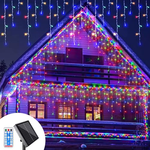 DAJASD LED Solar Eiszapfen Lichterkette, Solar lichterkette Deko mit 5M 128 LEDs, Wasserdicht Eisregen Lichterkette für Hof, Garten, Hochzeit, Party, Hausdach, Weihnachtsdekoration von DAJASD