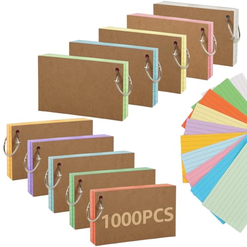 DAJAVE 10 Pack Lernkarten, 1000 Blatt Revisionskarten A7 Karteikarten mit Ringbuch, 10 Farben liniert Queuekarten, Lernkarten für Schule, Büro und Zuhause von DAJAVE