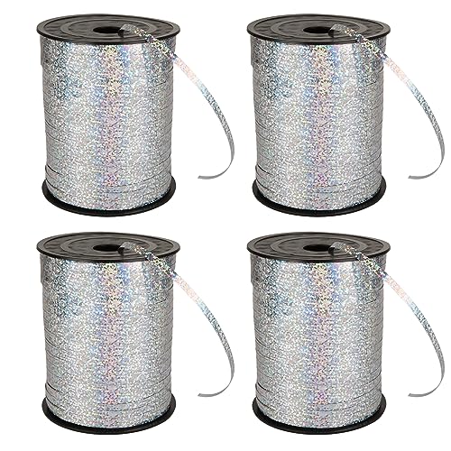 DAJAVE 4 Rollen Geschenkband Silber Ballonband 5mm Luftballon Band, Geschenkbänder, Glitzer Ringelband Ballonband für Hochzeit, Geburtstag, Weihnachten, Geschenkverpackungen(Silber) von DAJAVE