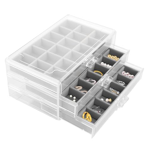 DAJAVE Schmuckkästchen Schmuck Organizer Acryl Schmuckkiste Schmuckschatulle für Damen, Durchsichtige Schmuckaufbewahrung Schmuckbox mit 3 Schubladen für Ohrringe, Ringe, Armbänder -Grau von DAJAVE