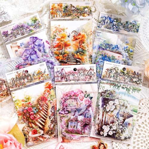 180 Blätter PET Garten Landschaft Scrapbook Papier Scrapbooking Deko Vintage Flowers Scrapbook Blumengarten-Thema Sticker Aesthetic Sticker Set für DIY Kunst Tagebuch Planer Album Notizbuc von DAKLUNAR