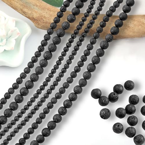 Schwarze Lavaperlen 420pcs Naturstein Perlen Glücks Runde Steinperlen Lavastein Vulkanstein Lava Perlen zum Auffädeln mit Loch für Armbänder Ketten DIY Schmuck Basteln (4mm 6mm 8mm mix) von DAKLUNAR