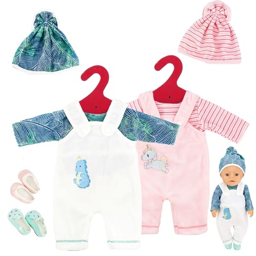 2 Stück Kleidung Puppenkleidung for 18 Inch Babypuppen, New Puppenzubehör Mit Hut Langarm Hose, Outfits Für Baby Puppen Geschenke Für Mädchen Jungen (Rosa Und Grün)(Keine Puppe) von DALAETUS