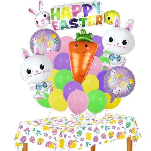 23 Stück Folienballons Ostern Set, XXL Ostern Luftballons mit Tischdecke, Hase Karotte Ostern Luftballons, Kaninchen Helium Ballons für Kinder Geburtstag Party Deko von DALAETUS