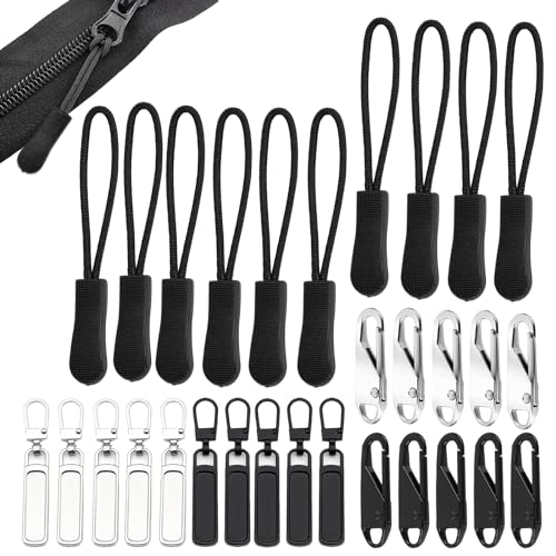 30 Stück Reißverschluss Anhänger Set, Nylon Reißverschluss Zipper mit 10 Federverschlüssen, 10 Zip-Anhänger, Zipper für Reißverschluss, Schwarzen Zipper Pulls für Rucksäcke, Jacken, Gepäck von DALAETUS