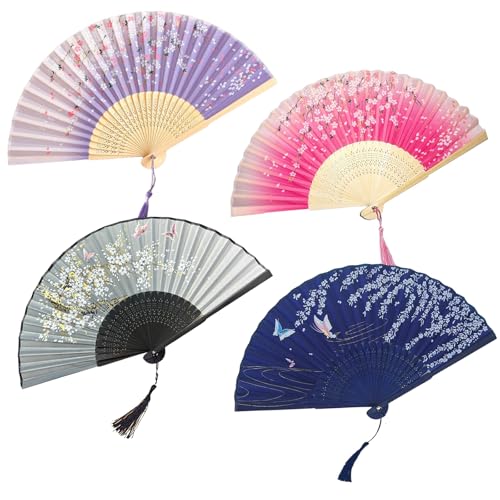 4 Stück Sakura Handfächer-Set mit 4 Organza Tüten, Japanischer Faltfächer mit Quaste, Chinesischer Stil Hand Fans, Faltbare Fächer für Frauen, Fächer Hochzeit, Geschenke, Wanddekoration von DALAETUS