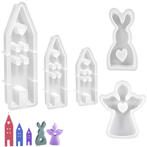 5 Stück Ostern Silikonform Set, Wiederverwendbar Gießform, 3D Häuser Kerzenform mit Kaninchen Silikonform und Engel Silikonform für Sojawachs Kerzen, Seife, Gips, Handwerk von DALAETUS