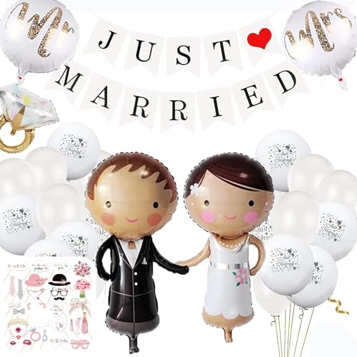 69 Stück Hochzeit Deko Set, Hochzeit Party Deko Kit mit 1 Banner 1 Schleife 34 Ballons 1 Ring und 32 Foto-Requisiten, Hochzeit Ballon Deko für Zimmer Tisch Married Valentinstag Geschenk für Liebhaber von DALAETUS