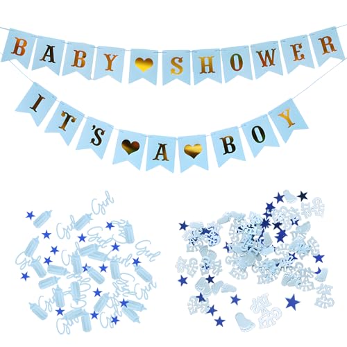 Baby Shower Konfetti und Banner Set, Dekoration für Baby Shower, Babyparty Deko Junge Blau, Baby Shower & It's a Boy Banner für Baby Shower Party, Boy Gender Reveal Party von DALAETUS