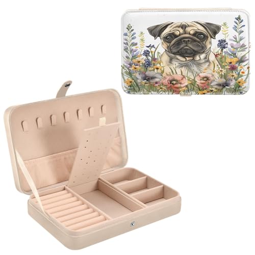 DALAWU Reise-Schmuckschatulle, Mops in Wildblumen, tragbar, PU-Leder, kleiner Schmuck-Organizer für Damen und Mädchen, Schmuckaufbewahrung, Halter für Ring, Anhänger, Ohrringe, Halskette, Armband von DALAWU