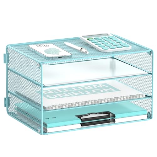 DALTACK Briefablage mit 3 Ebenen, Papier-Organizer, Netz-Metall, Schreibtisch-Organizer für Zuhause und Büro, Hellblau, 3T-Blue von DALTACK