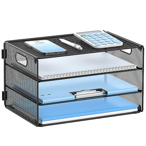 DALTACK Briefablage mit 3 Ebenen, Papier-Organizer mit Griff, Netzstoff, Schreibtisch-Organizer für Schule, Büro, Zuhause, Schwarz von DALTACK