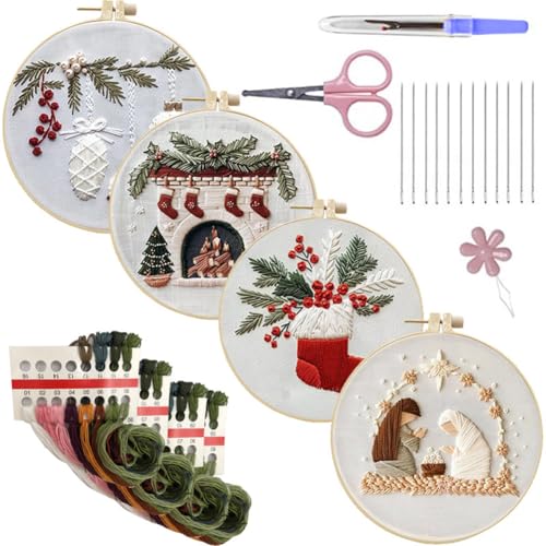 DAMAIAZG 4 Sets Weihnachts-Stickerei-Starter-Kit enthält Stickrahmen Sticktuchfäden DIY Nadelspitzen-Kit Handgemachte Nähkunst Bastelset für Anfänger Erwachsene von DAMAIAZG