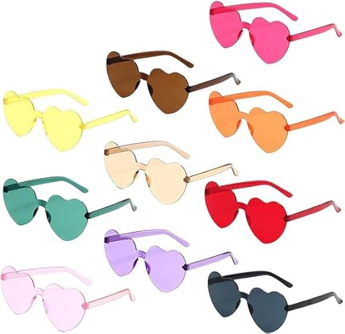 DANNEEFORSU7 Herz Sonnenbrille - 10 Paar Bunte Herzbrille Partybrille, Sonnenbrillen Herzform Party Hippie Brille Set, Retro Kostüm Brille Herz Sonnenbrille für Themenparty, Hawaii, Geburtstagsfeier von DANNEEFORSU7