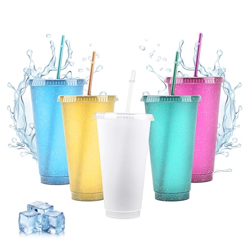 DANNEEFORSU7 Bunte Plastikbecher, 5er Kunststoffbecher Wiederverwendbar 710ml Trinkbecher mit Deckel & Strohhalm Bruchsicher Becher für Kinder-Party, Camping zum Eiskaffee Slushies Saft von DANNEEFORSU7