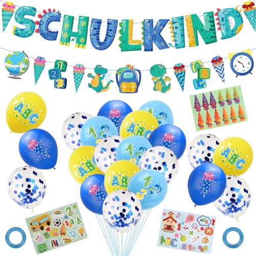 DANNEEFORSU7 Einschulung Schuleinführung Schulanfang Deko Set, 2024 Deko Einschulung Junge, SCHULKIND Banner+Zuckertüte Girlande+Luftballons mit ABC 123 Schulanfang Schuleinführung Deko für Jungen von DANNEEFORSU7