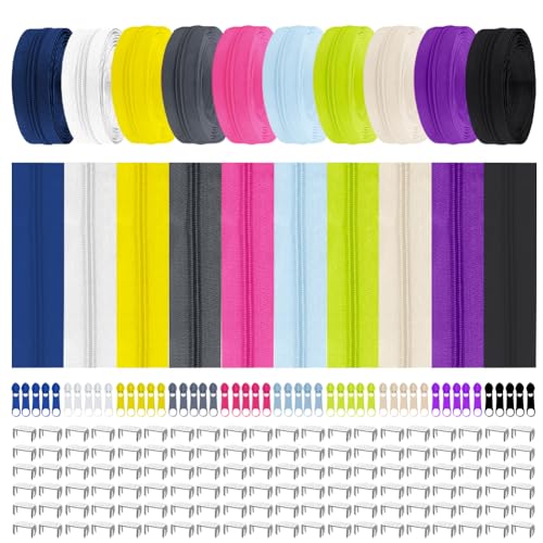 DANNEEFORSU7 Reissverschluss Set, 10 Farben Endlos Reißverschlüsse, Nylon Reißverschlüsse, 2.6cm breit Endlos Reißverschluss mit 50 Reißverschlusszügen, für Kleidung Tasche Mäppchen Kissenbezug von DANNEEFORSU7