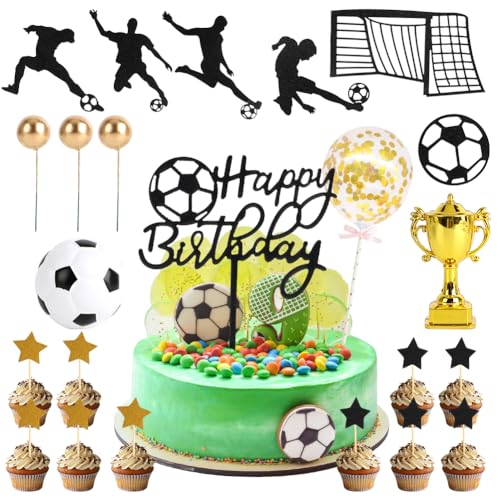 DANNEEFORSU7 Tortendeko Fussball, 28 pcs Fußball Tortendeko Set,Tortenaufleger Fussball Tortendeko Fußball Fussball Deko Torte Kuchendeko für Kinder Junge Geburtstag Fußball Party Cupcake Toppers Deko von DANNEEFORSU7