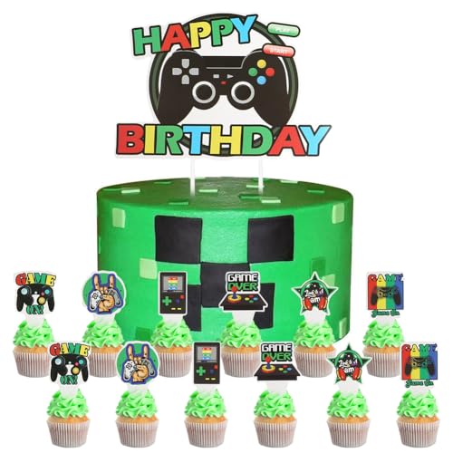 DANNEEFORSU7 Tortendeko Geburtstag Junge, Videospiel Torten Deko Tortendeko Gamer Geburtstag Kuchen Deko Video Gaming Spiel Gaming Happy Birthday Cupcake Topper für Kinder Party Dekoration von DANNEEFORSU7