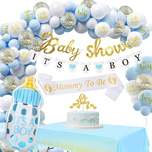 Babyparty Deko Junge set, Blau Babyshowerparty Deko Junge, Baby Shower Dekoration Luftballons Girlande mit Tischdecken und Its a Boy Banner für Babyparty Junge Deko Mehrweg von DANXIAN