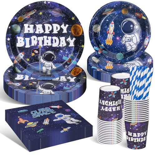 DANXIAN Weltraum Partygeschirr Set, Weltraum Kindergeburtstag Deko, Astronaut Partyteller Geburtstag Deko Geschirr für Geburtstagsdeko Junge Mädchen Partys 20 Gäste von DANXIAN