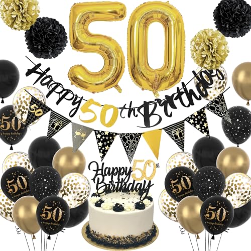 Geburtstagsdeko 50 Mann Frauen Schwarz Gold Deko 50. Geburtstag mit Happy Birthday Girlande, Deko 50. Geburtstag Luftballons für 50. Geburtstag Dekorationen von DANXIAN