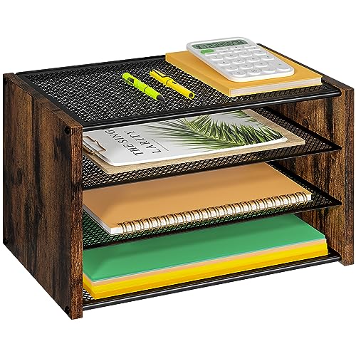 DAOUTIME 3-stöckiger Papier-Organizer Briefablage aus Holz, stapelbarer Schreibtisch-Organizer aus Metallgeflecht, Schreibtisch-Organizer für A4-Druckerpapieraufbewahrung. Kleine Papierablagen für von DAOUTIME