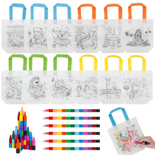 DAOUZL Kinder Stoffbeutel Set, 12pcs Stoffbeutel zum Bemalen für Kinder und 6pcs Stapelbare Wachsmalstifte(12 Farben in 1), DIY Graffiti Taschen Kinder für Kindergeburtstag Gastgeschenke von DAOUZL