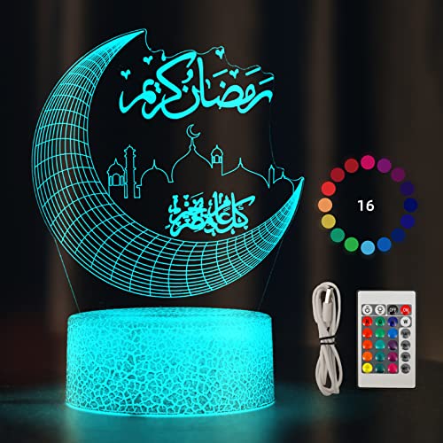 DAOUZL Ramadan LED DIY Lamp, Eid Dekorationen Mond Stern Nachtlichter, 3D 16 Farben Ramadan Mondlampe Farbwechsellampe mit Fernbedienung, USB Datenkabel, Berühren, für Ramadan Handwerk Dekoration (A) von DAOUZL