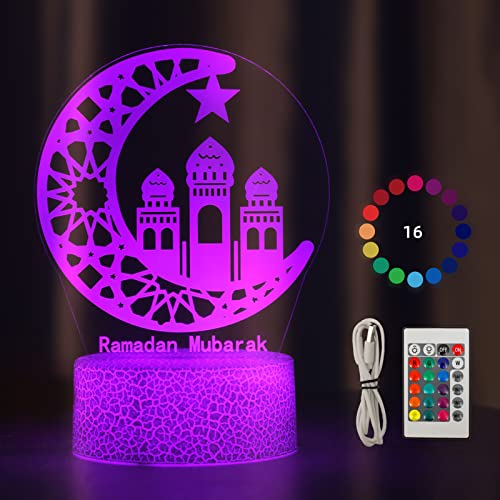 DAOUZL Ramadan LED DIY Lamp, Eid Dekorationen Mond Stern Nachtlichter, 3D 16 Farben Ramadan Mondlampe Farbwechsellampe mit Fernbedienung, USB Datenkabel, Berühren, für Ramadan Handwerk Dekoration (C) von DAOUZL