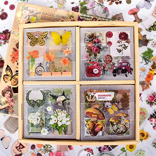 510 Stück Pflanzen Blumen Scrapbook Aufkleber Kit Vintage Blumen Schmetterling Pilz Herbst Ahornblätter Transparent Wasserdicht Aufkleber Set für Scrapbooking Zubehör Ästhetisches Junk Journal von DAPUTOU