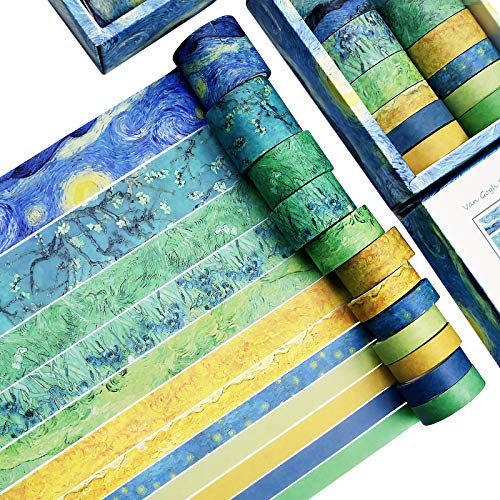 DAPUTOU Van Gogh Washi-Klebeband-Set mit 12 Rollen, dekorativ, grüne Blätter, florales Blau, Gelb, Washi-Klebeband-Sets für Handwerk, Kinder, Scrapbook, DIY, Geschenkverpackung (gelb) von DAPUTOU