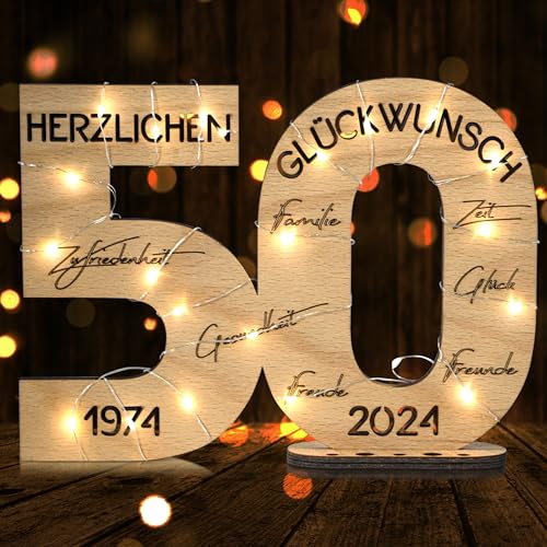 DARO Design - 2024 Holz-Schild Gästebuch mit LED Lichterkette 3m - Geburtstag Jubiläum - Deko Zahlen 50 Jahre mit Jahreszahlen von DARO Design