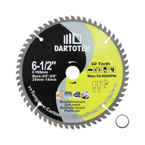 DARTOTEK TCT Hartmetall Sägeblatt 60T bestückte Zähne Kreisförmige Mehrzweck Sägeblatt mit 20/16mm Unterlegscheibe für Holz Aluminium Kunststoff 165mm von DARTOTEK