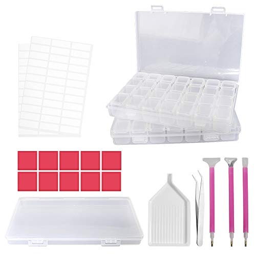 DARUITE Diamond Painting Zubehör, 2 Stück DIY 5D Diamond Painting Werkzeug Set 28 Fächer,Sortierboxen für Kleinteile mit Stift,Klebestifte,Plastikplatte,Aufbewahrungsbox für Erwachsene und Kinder von DARUITE