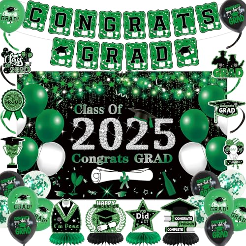 DARUNAXY Grüne Abschluss-Party-Dekorationen, 1,8 x 1,1 m, grüne Klasse von 2025, Abschlussbanner, 2025 Congrats Grad, Waben-Konfetti-Ballon, Glückwünsche, Absolventen, Partyzubehör (26 Stück) von DARUNAXY