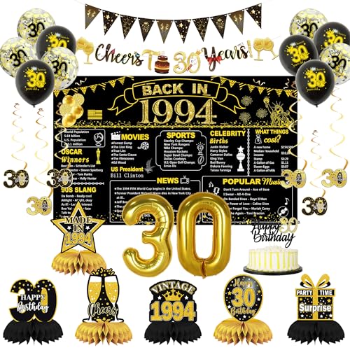 DARUNAXY Party-Dekorationen zum 30. Geburtstag für Männer und Frauen, Schwarz / Gold Back in 1994 Banner, Gold 30 Zahlenballons & Kuchenaufsatz, Vintage 1994 30 Geburtstag Waben-Konfetti-Ballons zum von DARUNAXY