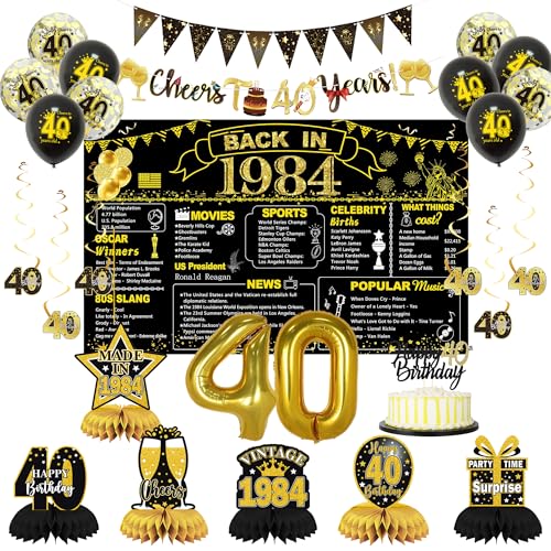 DARUNAXY Party-Dekorationen zum 40. Geburtstag für Männer und Frauen, Schwarz / Gold Back in 1984, Banner, Gold 40 Zahlenballons & Kuchenaufsatz, Vintage 1984 40 Geburtstag, Waben-Konfetti-Ballons zum von DARUNAXY