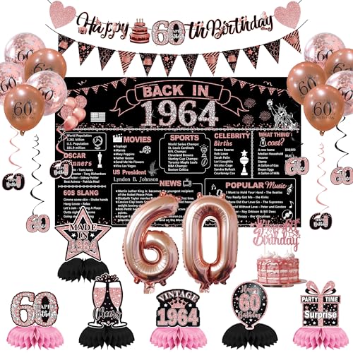 DARUNAXY Party-Dekorationen zum 60. Geburtstag für Frauen, Roségold Back in 4,988.6 cm Banner, Roségold, 60 Zahlenballons & Kuchenaufsatz, Vintage 1964 60 Geburtstag, Waben-Konfetti-Ballons zum von DARUNAXY