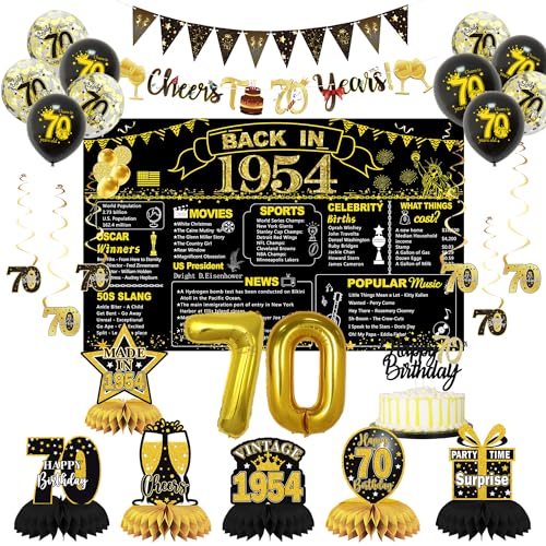 DARUNAXY Party-Dekorationen zum 70. Geburtstag für Männer und Frauen, Schwarz / Gold Back in 4,963.2 cm Banner, goldene 70 Zahlenballons & Kuchenaufsatz, Vintage 1954 70 Geburtstag, von DARUNAXY