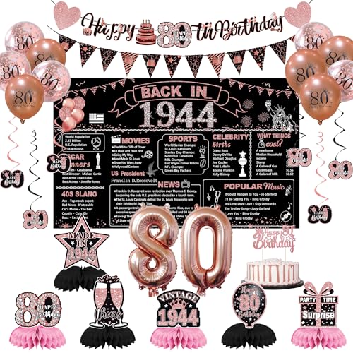 DARUNAXY Party-Dekorationen zum 80. Geburtstag für Frauen, Roségold Back in 4,937.8 cm Banner, Roségold, 80 Zahlenballons & Kuchenaufsatz, Vintage 1944 80 Geburtstag, Waben-Konfetti-Ballons zum von DARUNAXY