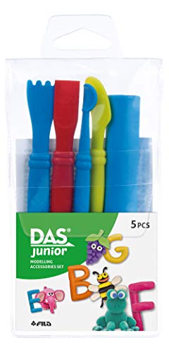 DAS Junior Modellierwerkzeug, 5-teiliges Set mit 4 Spateln und 1 Ausroller, Geeignet für Kunst- und Bastelprojekte, 4E+1 Gramm, Lufttrocknung, Ton, Zum Spielen, Modellierung, Kreative Fähigkeit von DAS