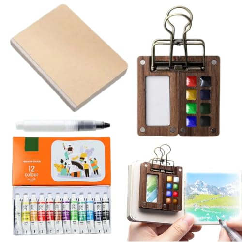 DASIAUTOEM Reise Skizzenbuch Palette, 8 Grids Mini Holz Reise Malpalette Malkasten Mini Aquarell Set Tragbares Aquarell-Reise-Set Mit Binder-Clips für Maler, Künstler, Studenten von DASIAUTOEM