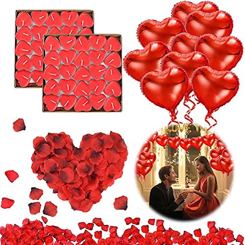 DASIAUTOEM Romantische Deko Set, 1000 Seide Rote Rosenblüten, 50 Herzkerzen, 10 Rote Herzförmige Folienballons, Perfekt für Freundin Geburtstag Hochzeit Verlobung Party Dekoration Romantik Geschenke von DASIAUTOEM