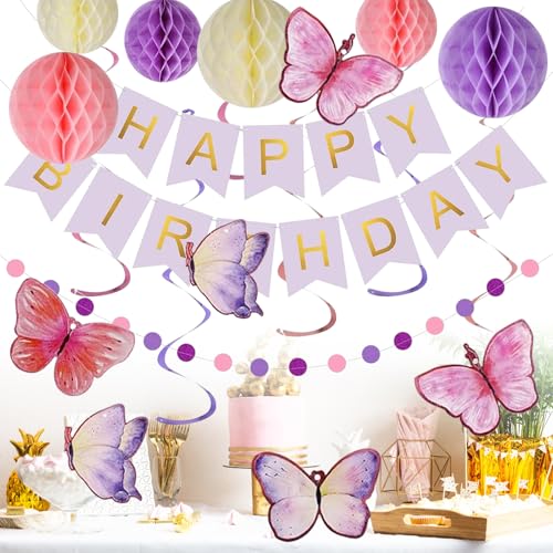 DASIAUTOEM Schmetterling Deko Geburtstag Wirbel Deko, Lila Happy Birthday Banner mit Wabenball Schmetterlinge Deko Hängende Wirbel Streamer Party Deko für Frauen Mädchen Kinder von DASIAUTOEM