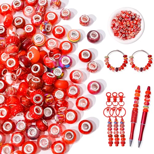 Perlen für Stifte – europäische Bastelperlen mit großem Loch – Rot sortierte Lampwork-Abstandshalter – geeignet für DIY Feenstab Gartenperlen, Schlüsselanhänger, Halsketten, Armbänder, von DASTTUIS