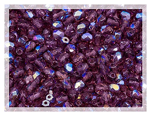 100 Stück facettierte, feuerpolierte gepresste tschechische Glasperlen, 4 mm, Amethyst AB Violett, Violett, 20060–28701 BCV von DASUGRHWHCDS