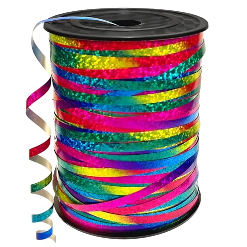 450 Meter Geschenkband - DATEFUN 5mm Schleifenband Regenbogen - Glänzend Bunt Glitzer Ringelband Ballonband für Weihnachtsdeko, Ballonverschlüsse, Geschenkverpackung, Hochzeitsdeko von DATEFUN