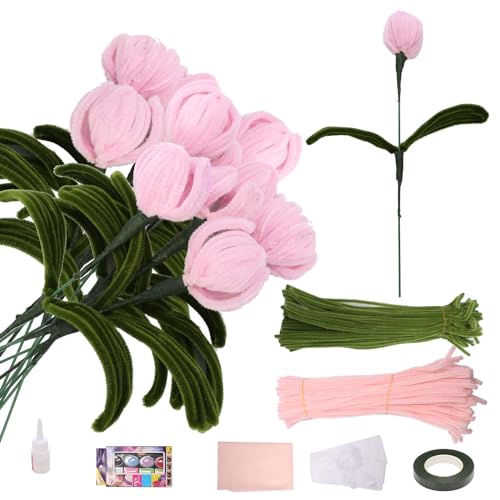 DATIFF 200 Stück Tulpe Blumenstrauß Pfeifenreiniger Rosa Grün Pfeifenputzer zum Basteln Bunt Basteldraht Chenilledraht DIY Geschenke für Mama Geburtstag Muttertag Mehrfarbig Dekorationen von DATIFF